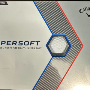 A box of golf balls that are blue and red.