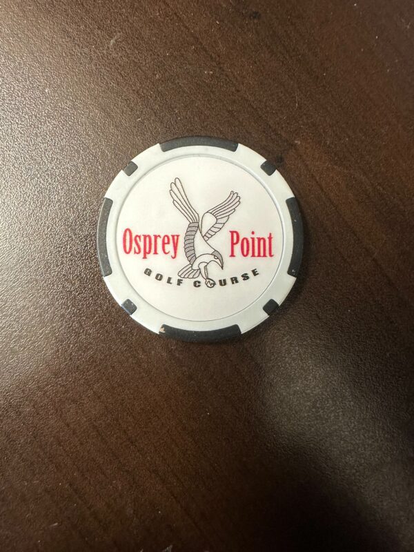 A white and black poker chip sitting on top of a table.