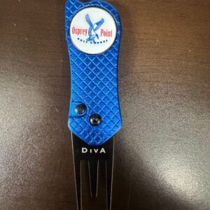 A golf divot tool with a blue handle and a white logo.