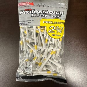 A bag of golf tees with yellow tips.