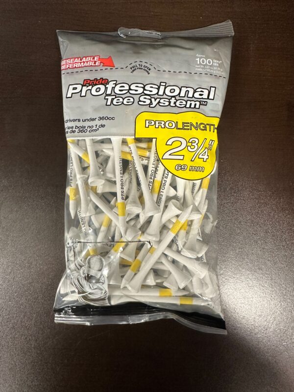 A bag of golf tees with yellow tips.