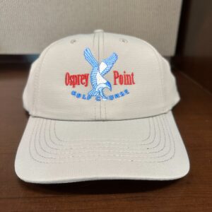 A white hat with the words osprey point on it.