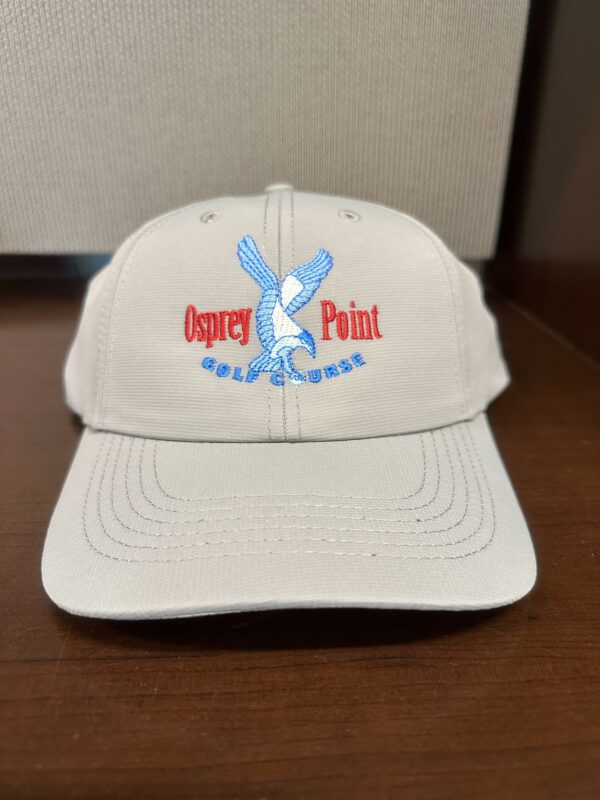 A white hat with the words osprey point on it.