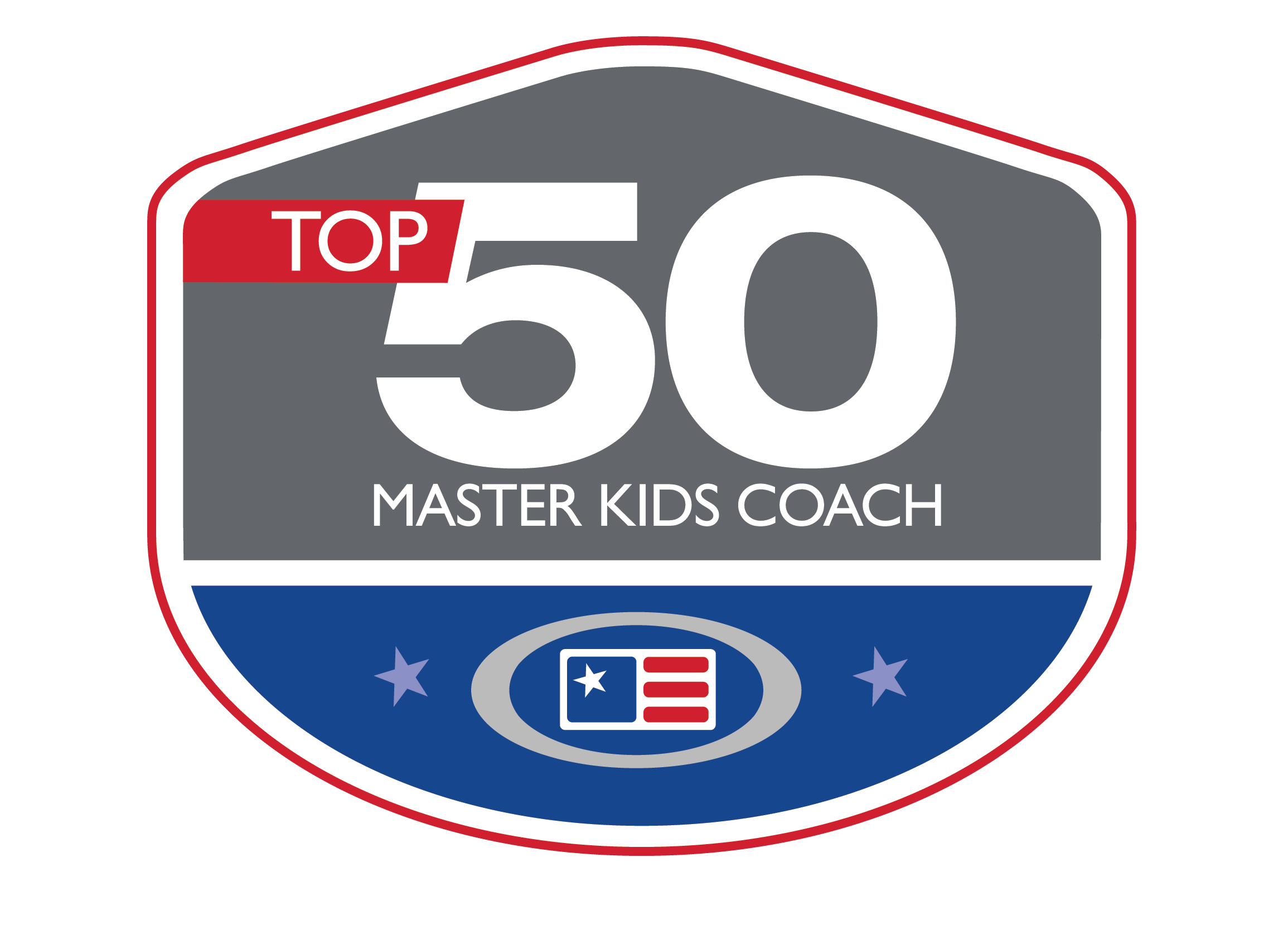 A badge with the words top 5 0 master kids coach