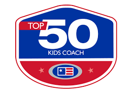 A blue and red badge with the words top 5 0 kids coach