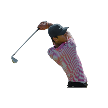 A man swinging a golf club on a black background.